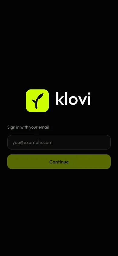 klovi sign-in screen showing the klovi logo, an email field and a Continue button