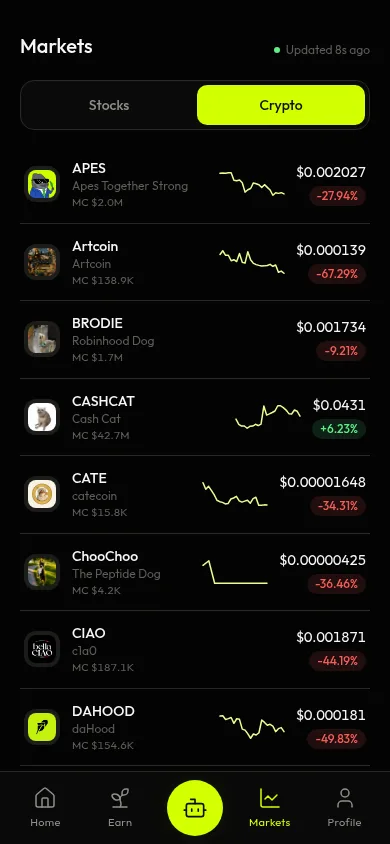 klovi Markets screen showing the Crypto tab with token prices and 24h change