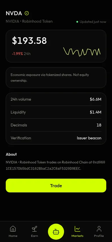klovi token detail screen for NVDA showing price, 24h volume, liquidity and verification method
